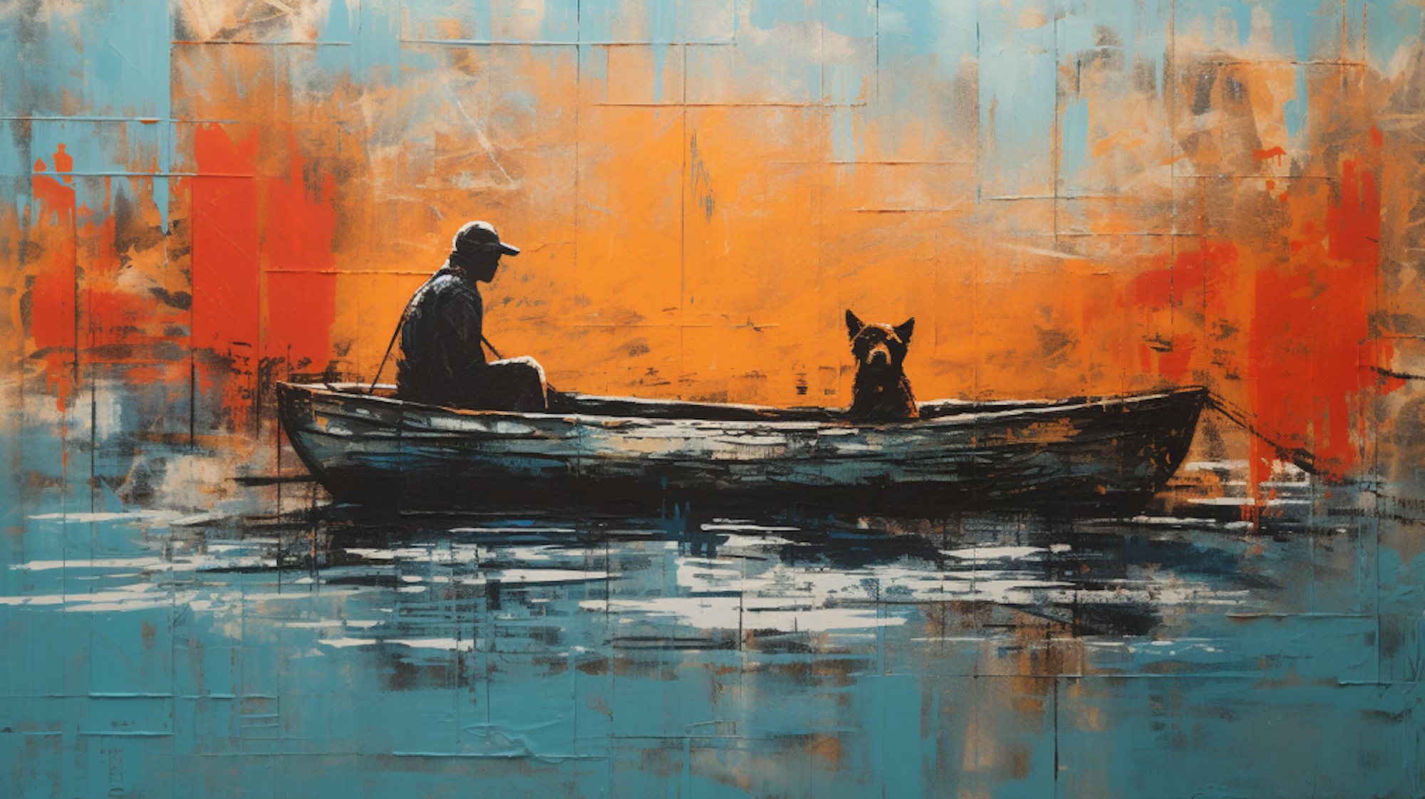 Illustration: Ein Mann und ein Hund treiben in einem defekten Boot auf dem Meer.