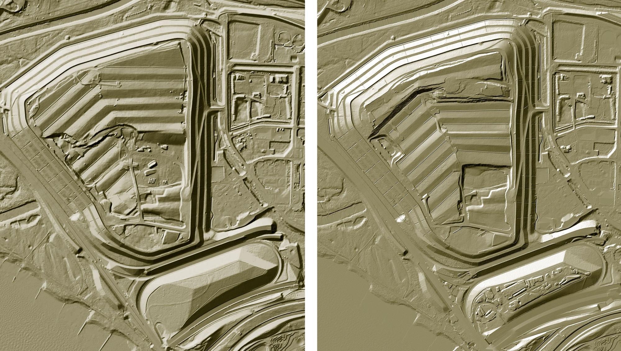 Leverkusener Altlast und Deponie Currenta, Geländeschummerung.vergleich 2015, 2023: Foto: Geobasis NRW
