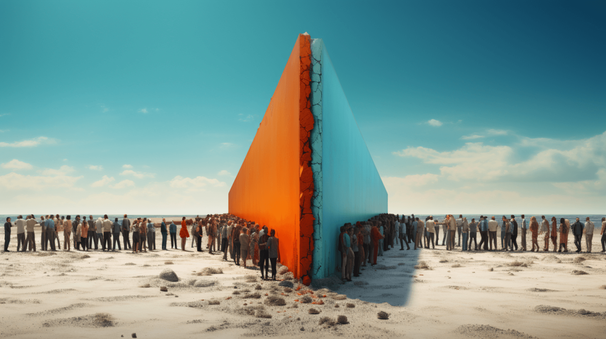 Illustration: Eine doppelte Mauer trennt zwei Gruppen von menschen