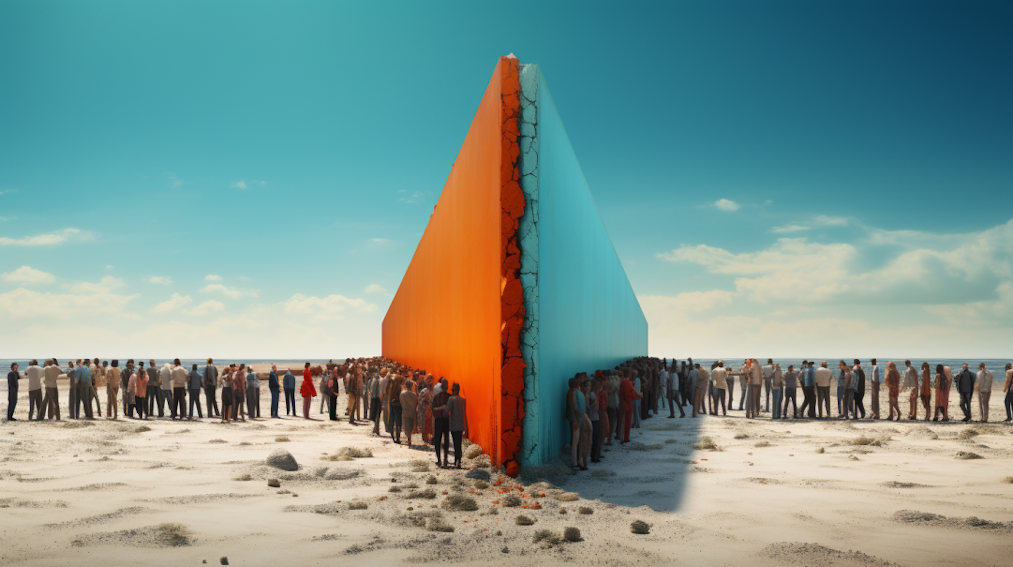 Illustration: Eine doppelte Mauer trennt zwei Gruppen von menschen