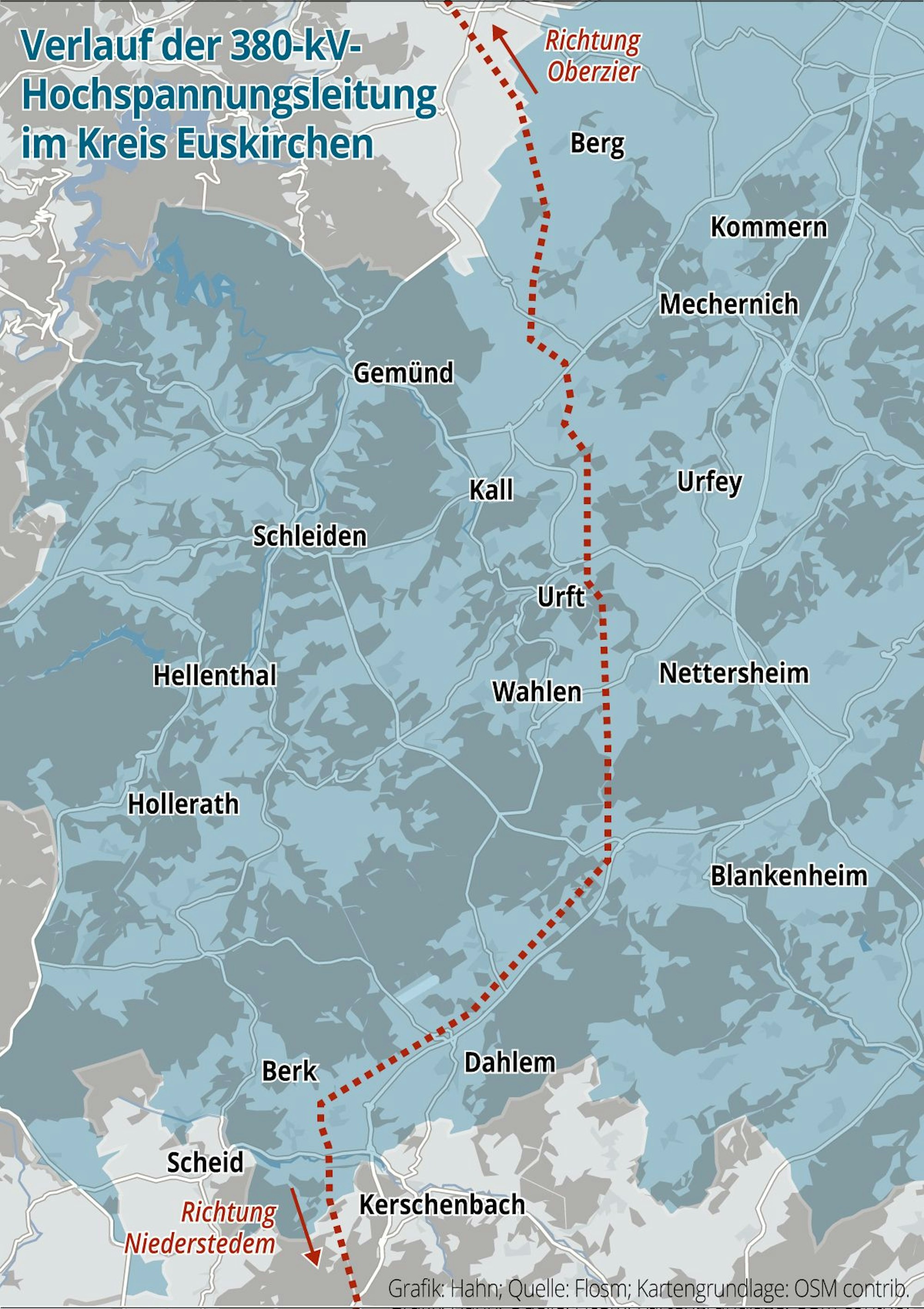 Die Grafik zeigt den Verlauf der 380.000-Volt-Leitung durch den Kreis Euskirchen.