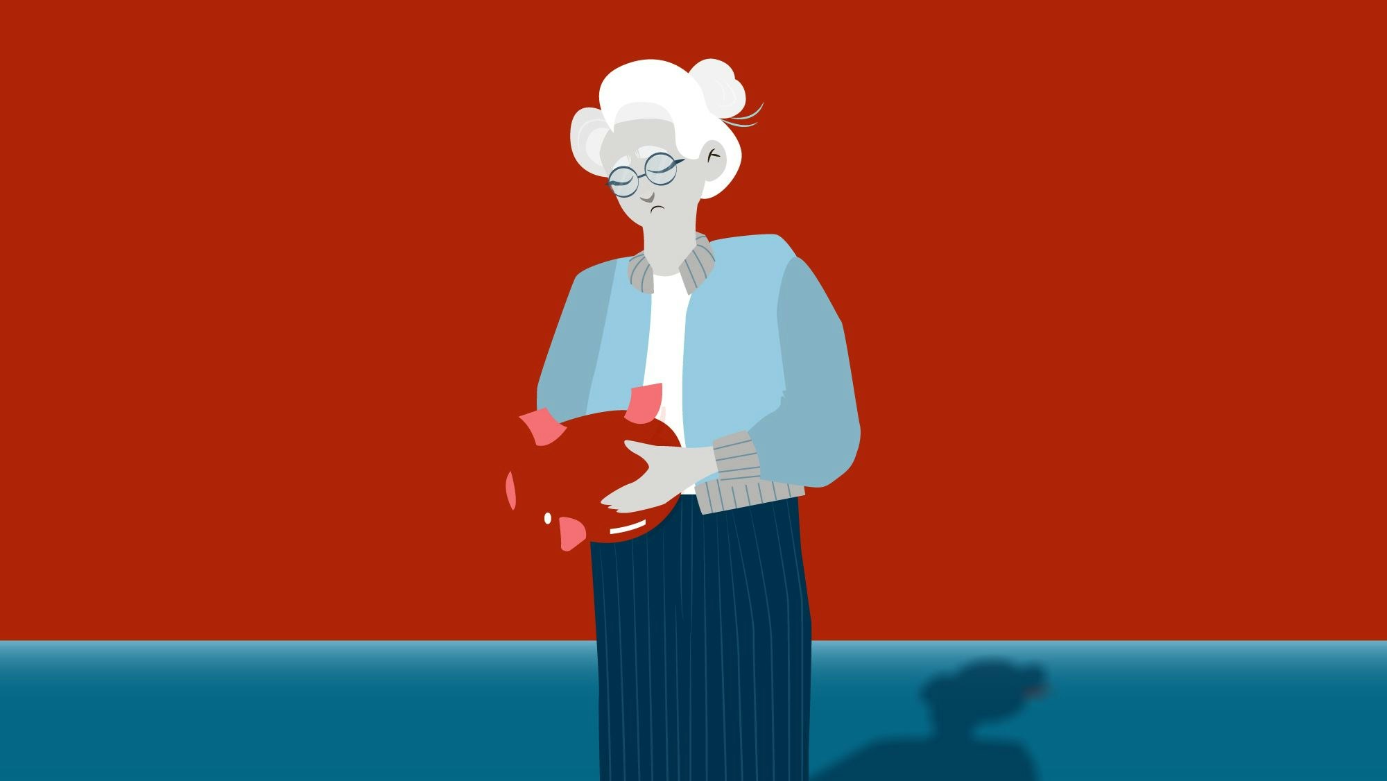 Die Grafik zeigt eine ältere Dame, die ein Sparschwein in der Hand hält, dessen Öffnung nach unten zeigt und das offenbar leer ist.