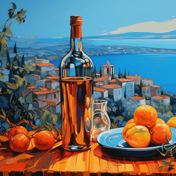 Illustration: Stillleben mit Tomaten und Olivenöl vor italienischer landschaft
