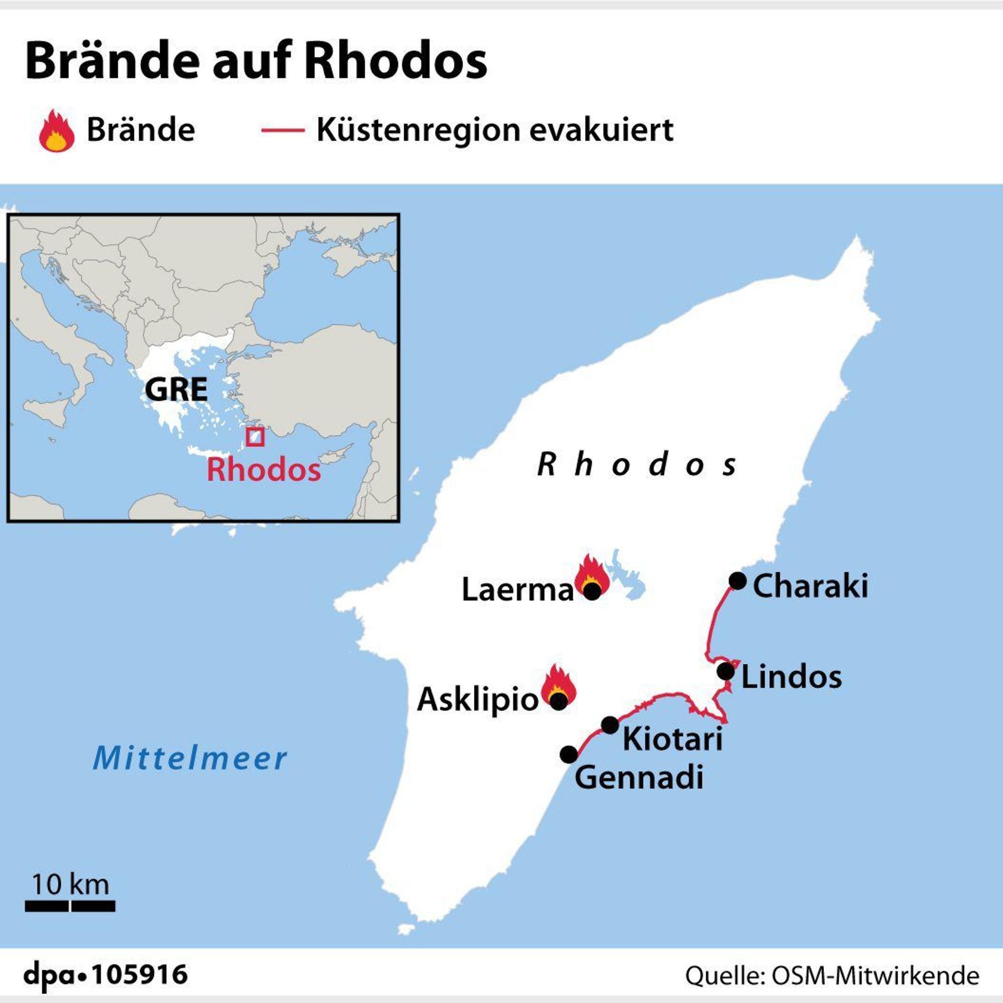 Die Grafik zeigt die griechische Mittelmeerinsel Rhodos und welche Regionen von den Waldbränden betroffen sind.