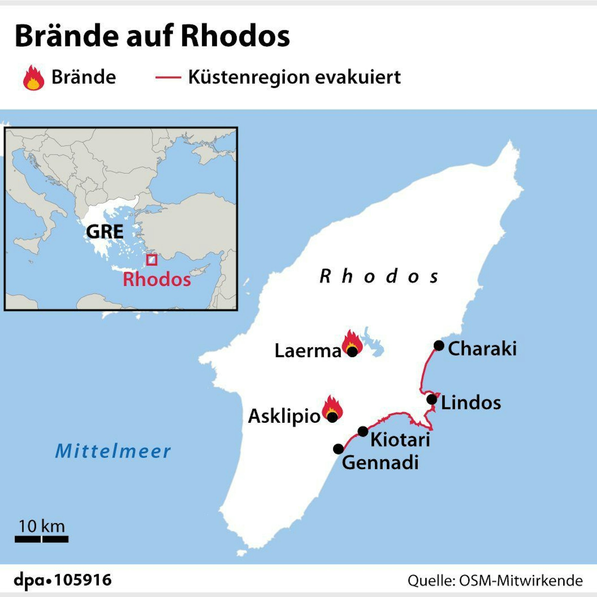 Die Grafik zeigt die griechische Mittelmeerinsel Rhodos und welche Regionen von den Waldbränden betroffen sind.