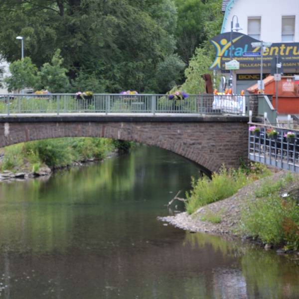 Zu sehen ist die beschädigte Brücke über die Olef in Schleiden. Am Geländer hängen Blumenkübel, links im Bild sind Bäume zu erkennen.