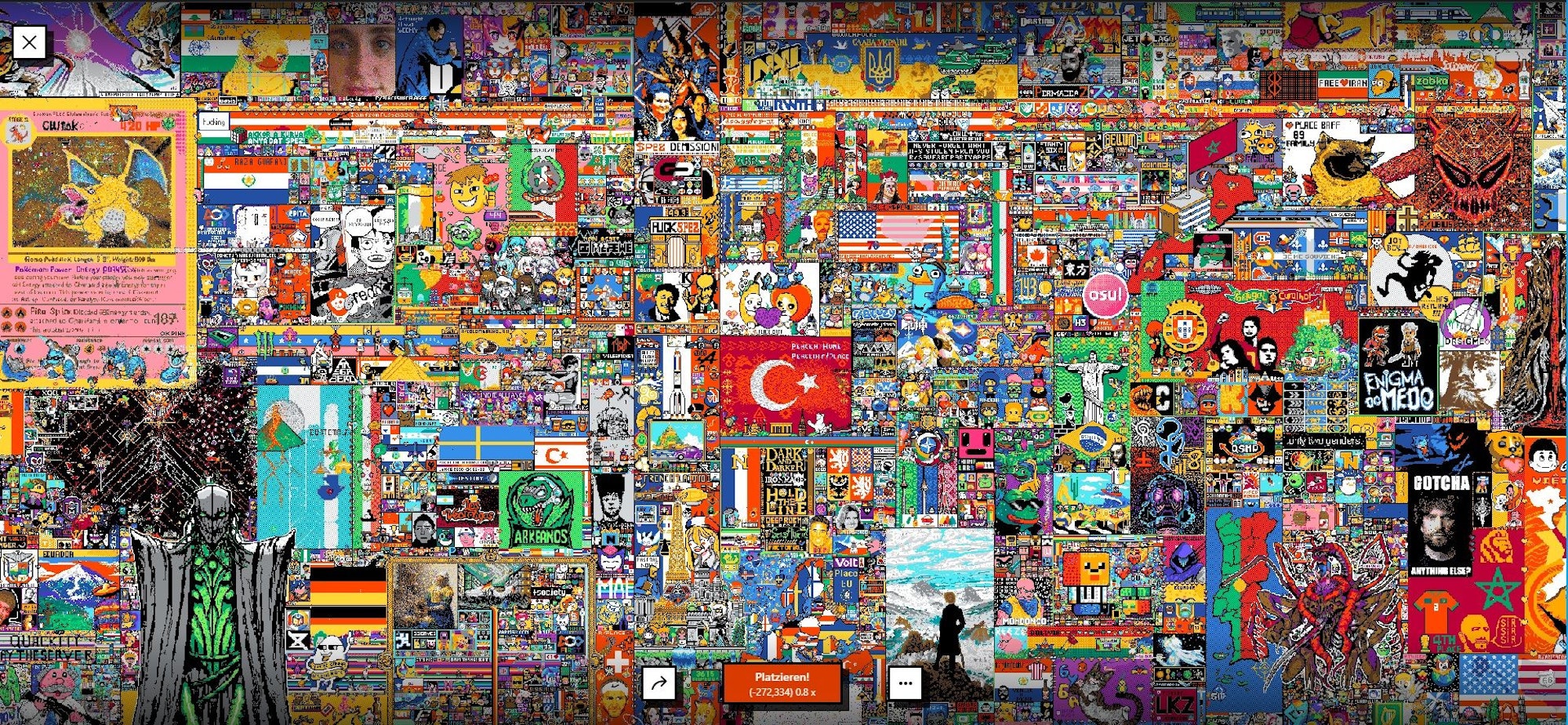 Ausschnitt des digitalen Kunstwerks „r/place“ am Montag, 24. Juli. Bereits seit vier Tagen malten wohl Hunderttausende Nutzerinnen und Nutzer an dem interkativen Gemälde.