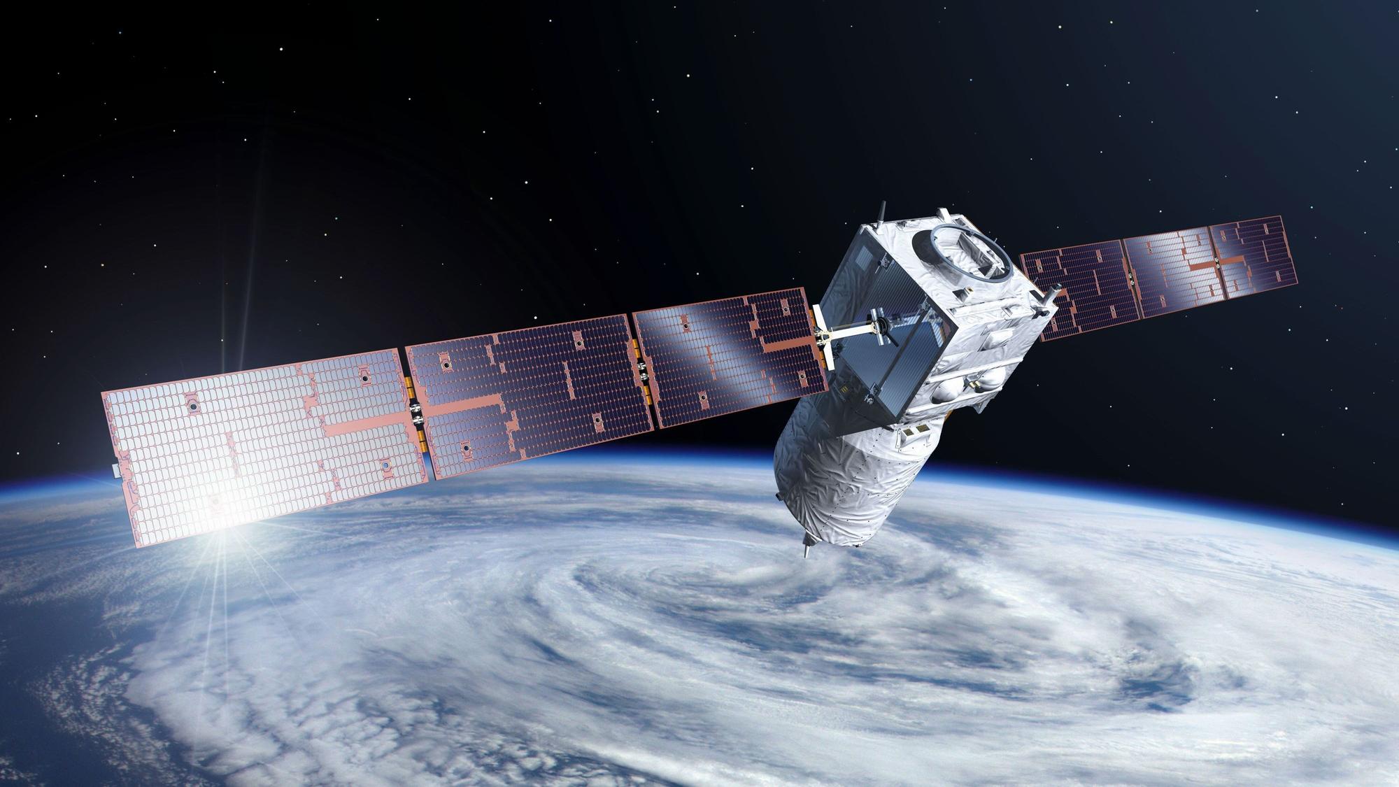 Die künstlerische Darstellung zeigt den Satelliten „Aeolus“.