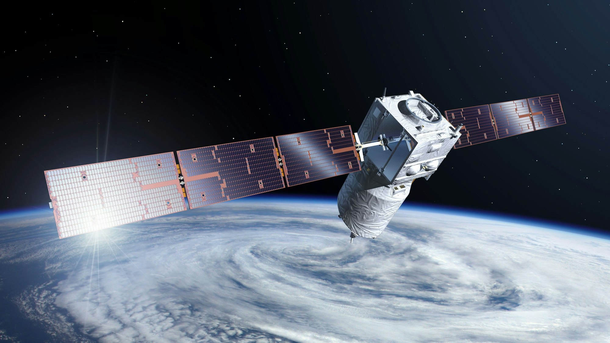 Die künstlerische Darstellung zeigt den Satelliten „Aeolus“.