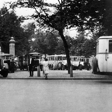 Busse der KVB stehen auf dem historischen Foto auf dem Alter Markt in Köln.