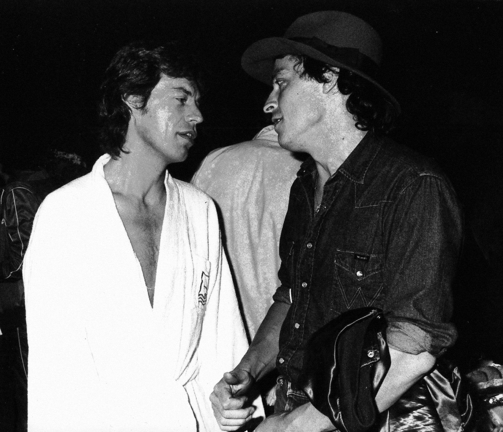 1982: Mick Jagger und Wolfgang Niedecken im Gespräch: Zuvor war BAP Vorgruppe für die Rolling Stones.