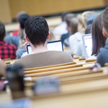 Studierende blicken in einem Hörsaal in ihre Laptops.