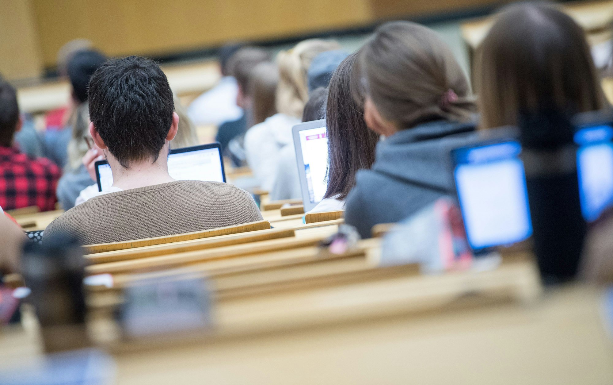 Studierende blicken in einem Hörsaal in ihre Laptops.