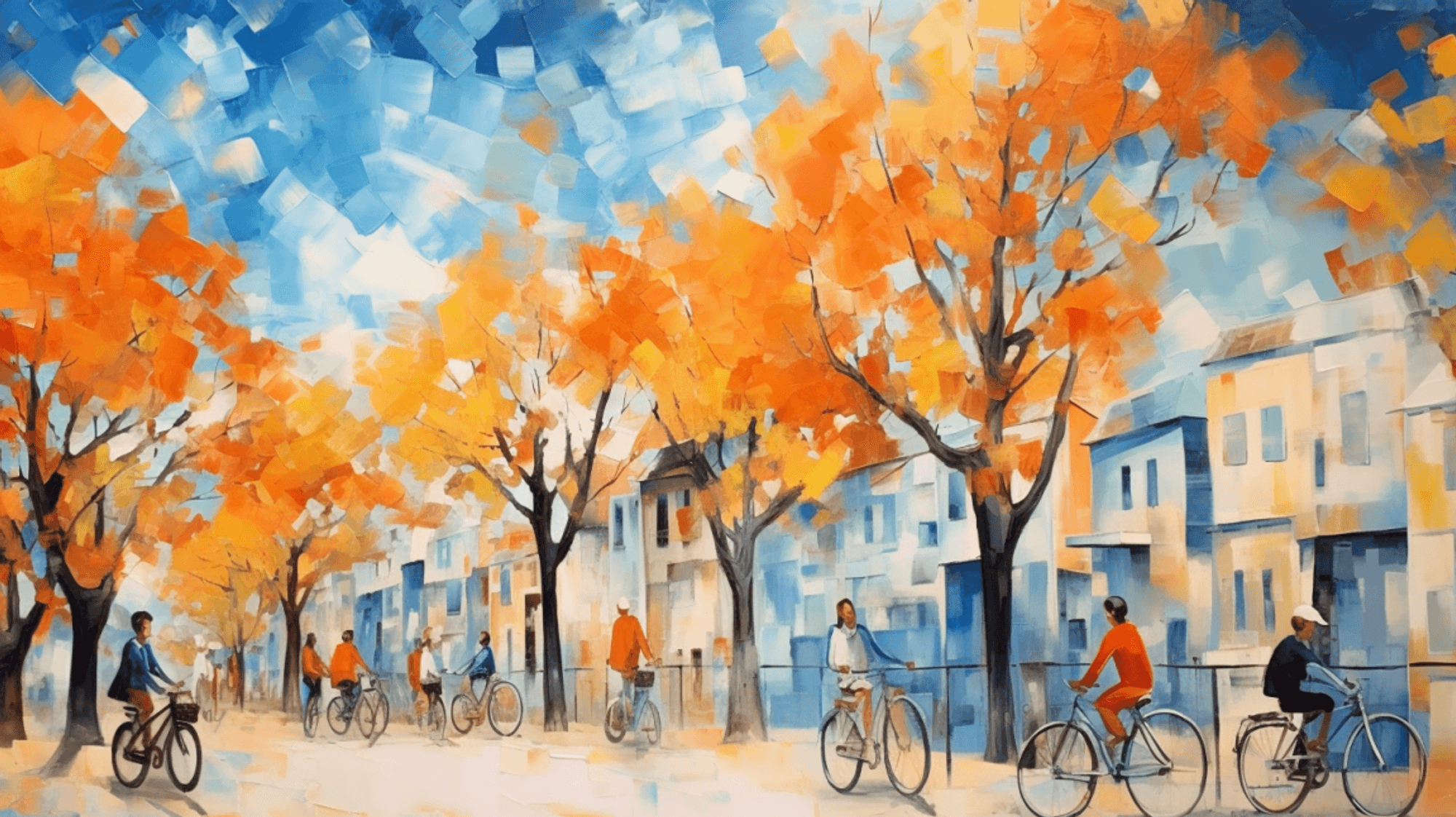 Illustration: Menschen fahren mit dem Fahrrad über eine Allee, im Hintergrund Häuser