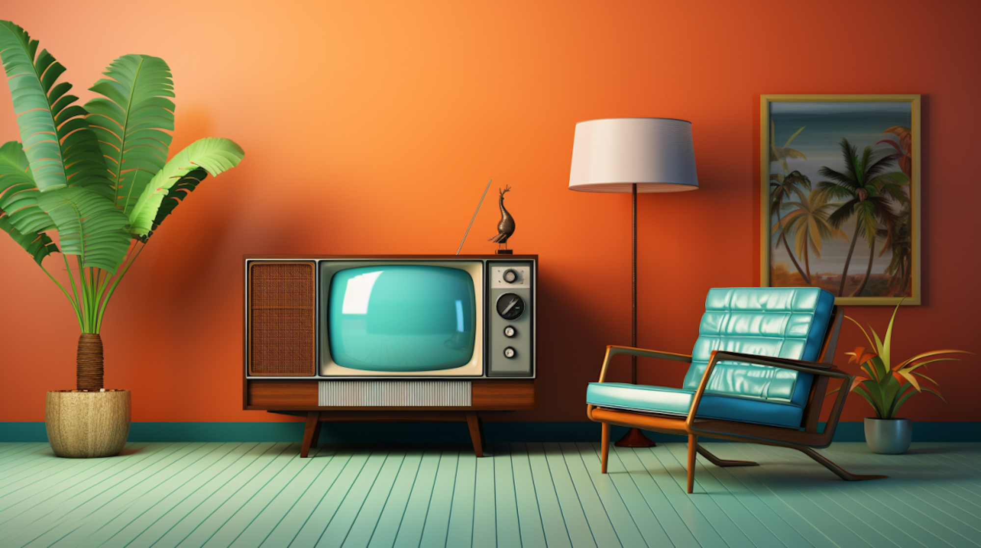 Illustration: Röhren-TV-Gerät auf einem Lowboard in einem Raum mit Sessel, Zimmerpalme, Stehlampe ubd Gemälde.