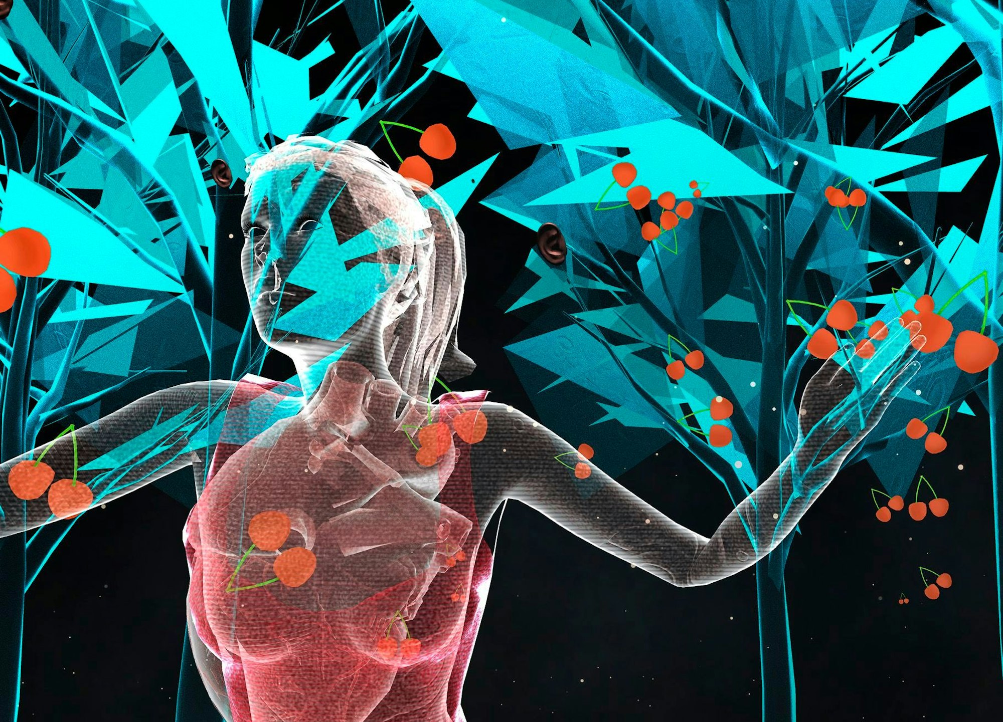 Zu sehen ist eine digitale Frau, transparent, das Herz ist überdimensioniert in ihrer Brust sichtbar und bedeckt ihren halben Oberkörper. Hinter ihr sind sehr eckige, geometrisch wirkende Bäume und Kirschen.