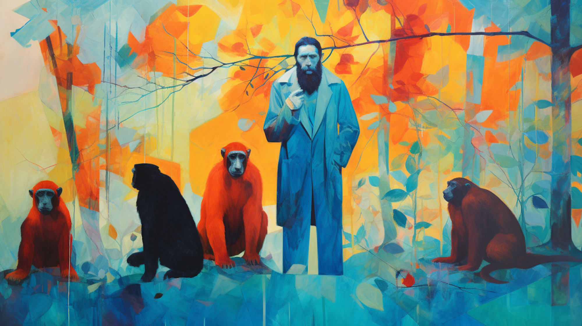 Illustration: Ein Mann mit Bart steht zwischen Affen, im Hintergrund ein Wald.