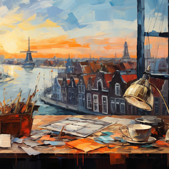 Illustration: Schreibtisch mit Büchern und Stiften vor offenem Fenster. Draußen ist ein von niederländischen Häusern und einer Windmühle gesäumter Fluss zu sehen.