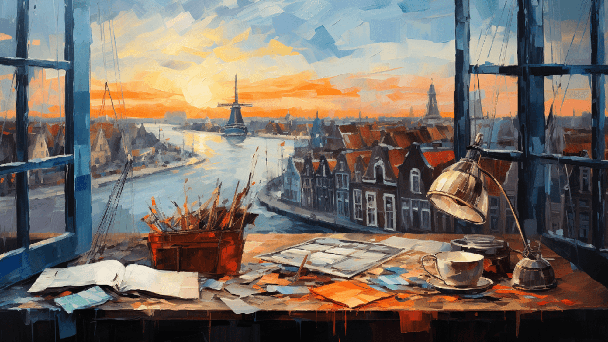 Illustration: Schreibtisch mit Büchern und Stiften vor offenem Fenster. Draußen ist ein von niederländischen Häusern und einer Windmühle gesäumter Fluss zu sehen.