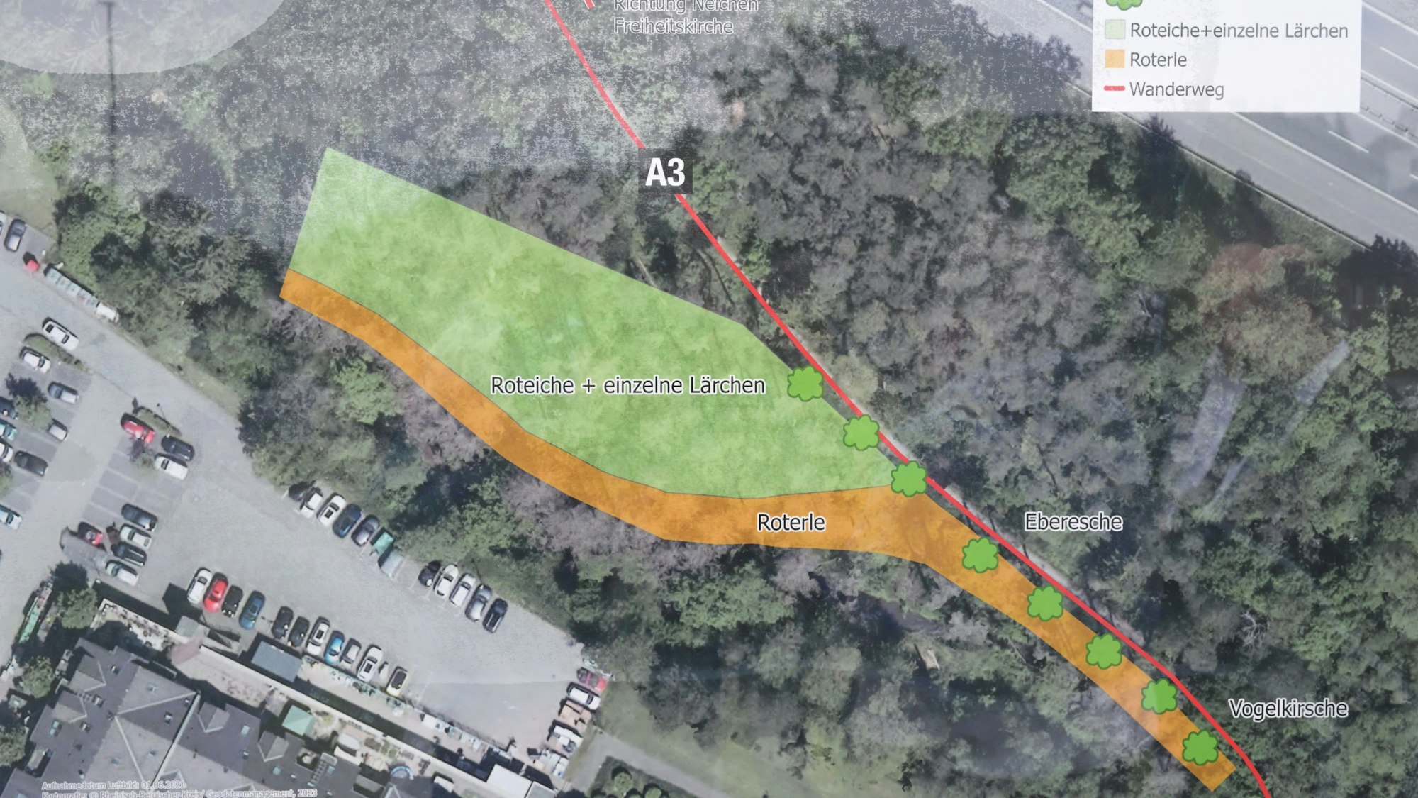 Auf dem Luftbild der Bürgerstiftung ist die Lage des Waldes farblich markiert.