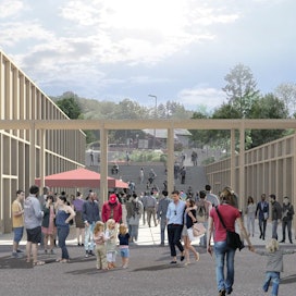 Die Grafik des Architekturbüros zeigt die künftige dreiteilige Markthalle Waldbröl mit vielen Besucherinnen und Besuchern.