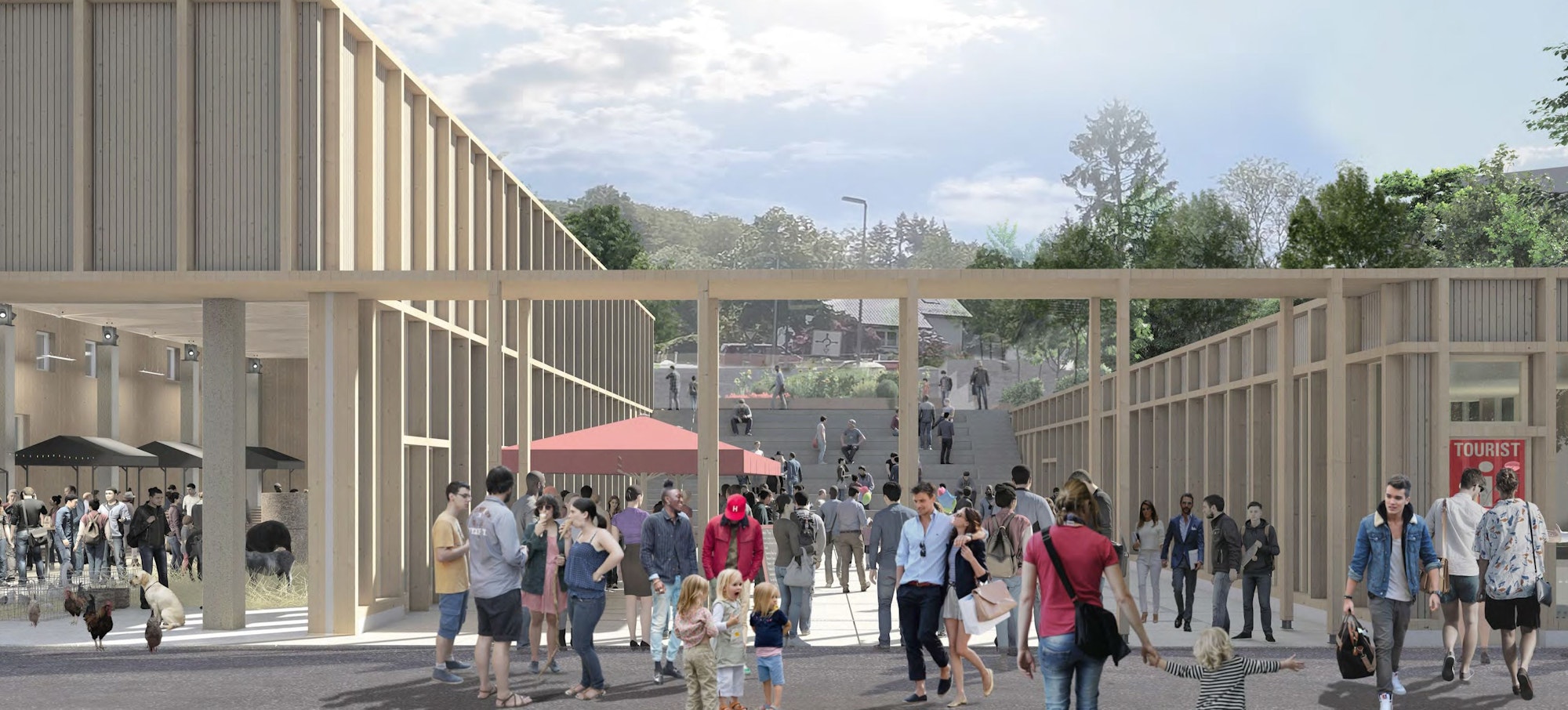 Die Grafik des Architekturbüros zeigt die künftige dreiteilige Markthalle Waldbröl mit vielen Besucherinnen und Besuchern.