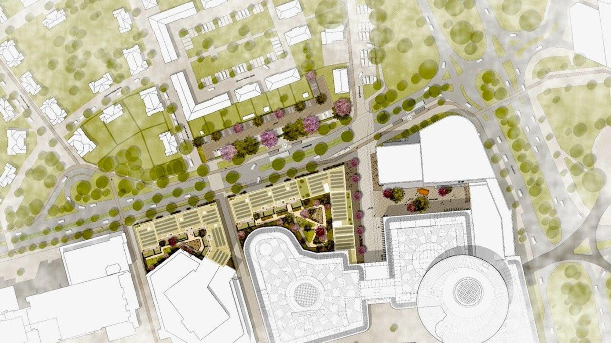 So sollen die bisherigen Parkplätze und Andienungsstraßen an der Wöhlerstraße neu bebaut werden. Unten weiß im Bild die Rathaus-Galerie samt Kinopolis (rechts) und das Kaufhaus Peek & Cloppenburg.