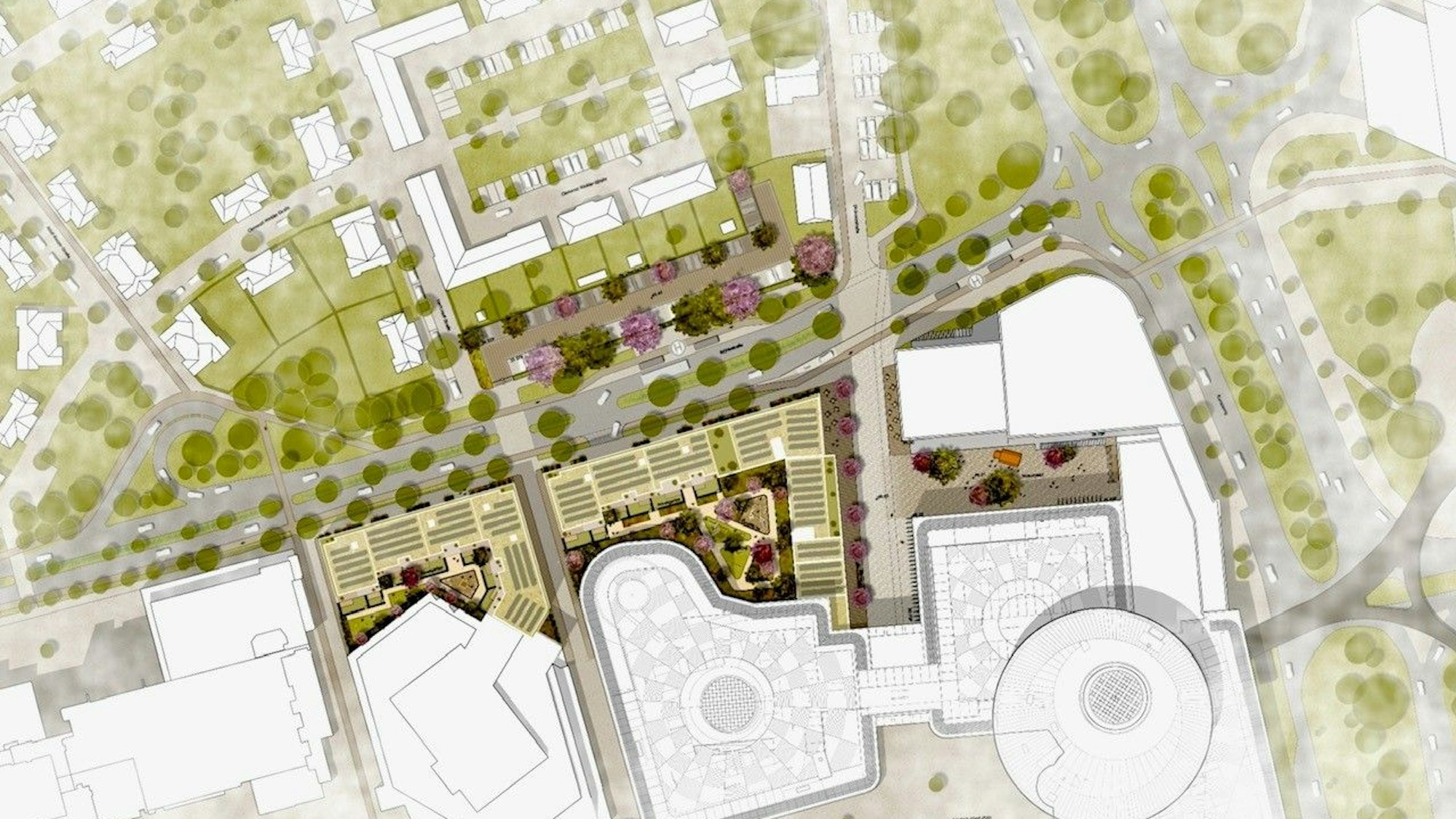 So sollen die bisherigen Parkplätze und Andienungsstraßen an der Wöhlerstraße neu bebaut werden. Unten weiß im Bild die Rathaus-Galerie samt Kinopolis (rechts) und das Kaufhaus Peek & Cloppenburg.