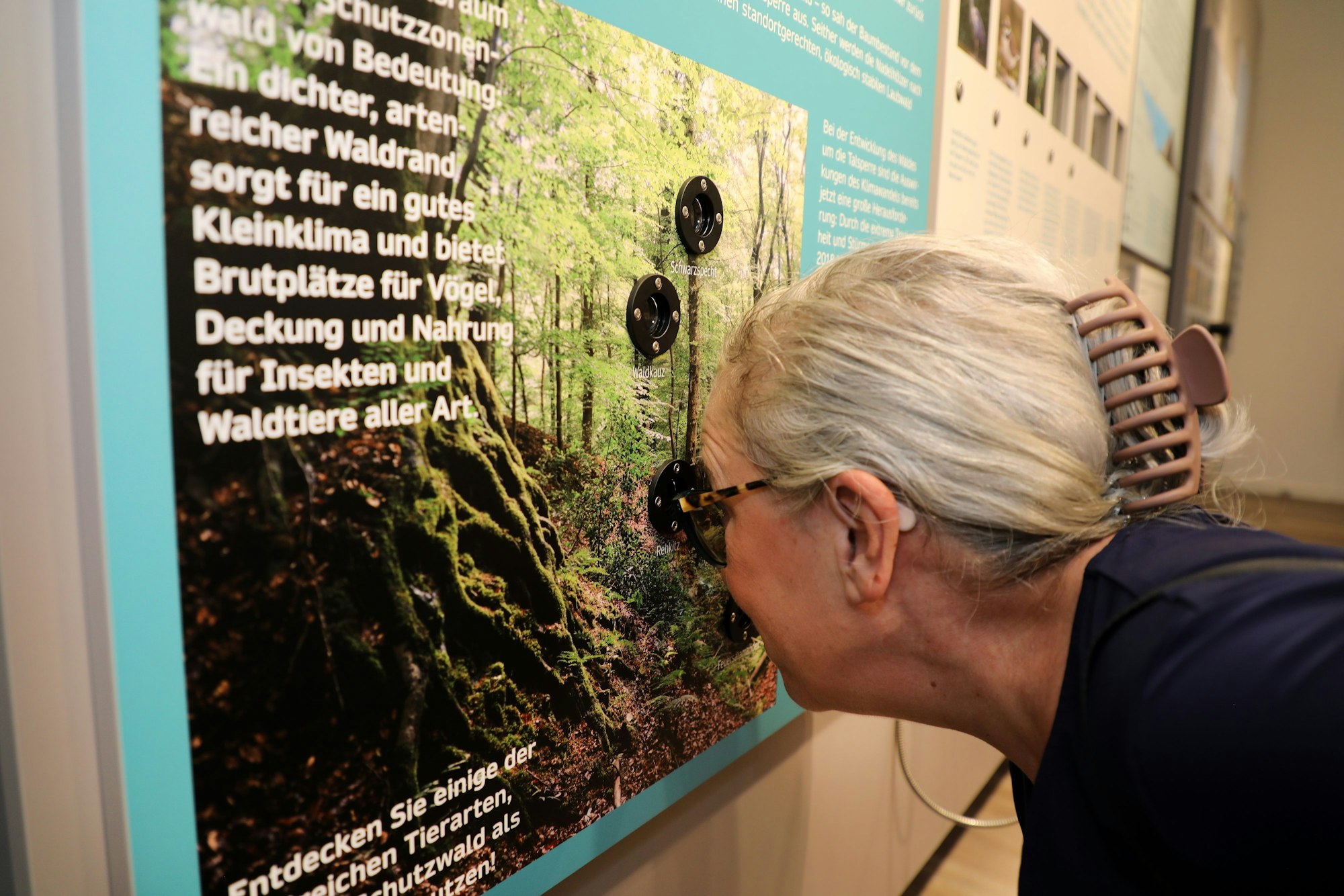 Eine Frau schaut in das Guckloch einer Ausstellung.