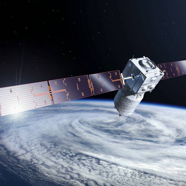 Die künstlerische Darstellung zeigt den Satelliten «Aeolus».
