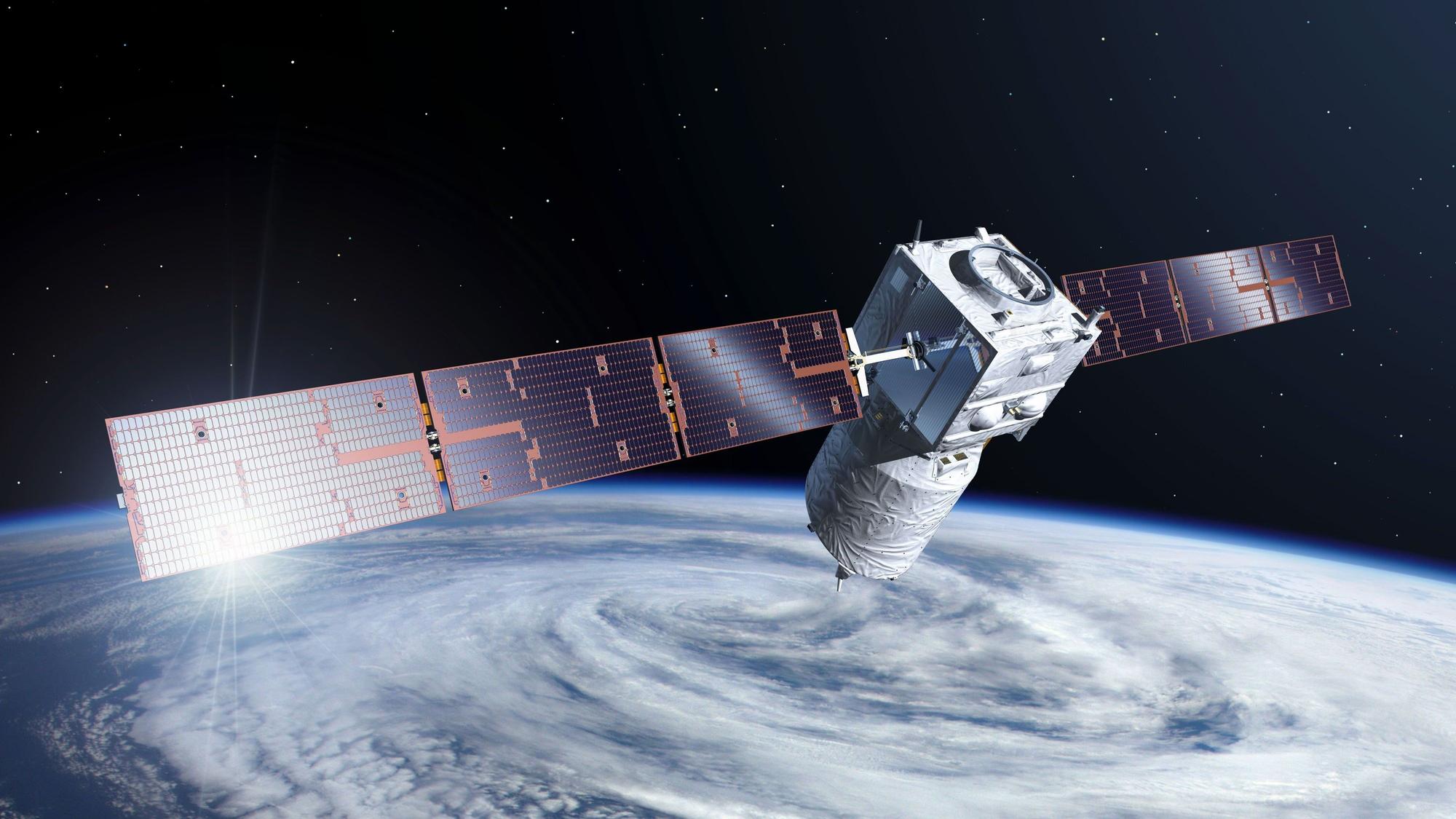 Die künstlerische Darstellung zeigt den Satelliten «Aeolus».