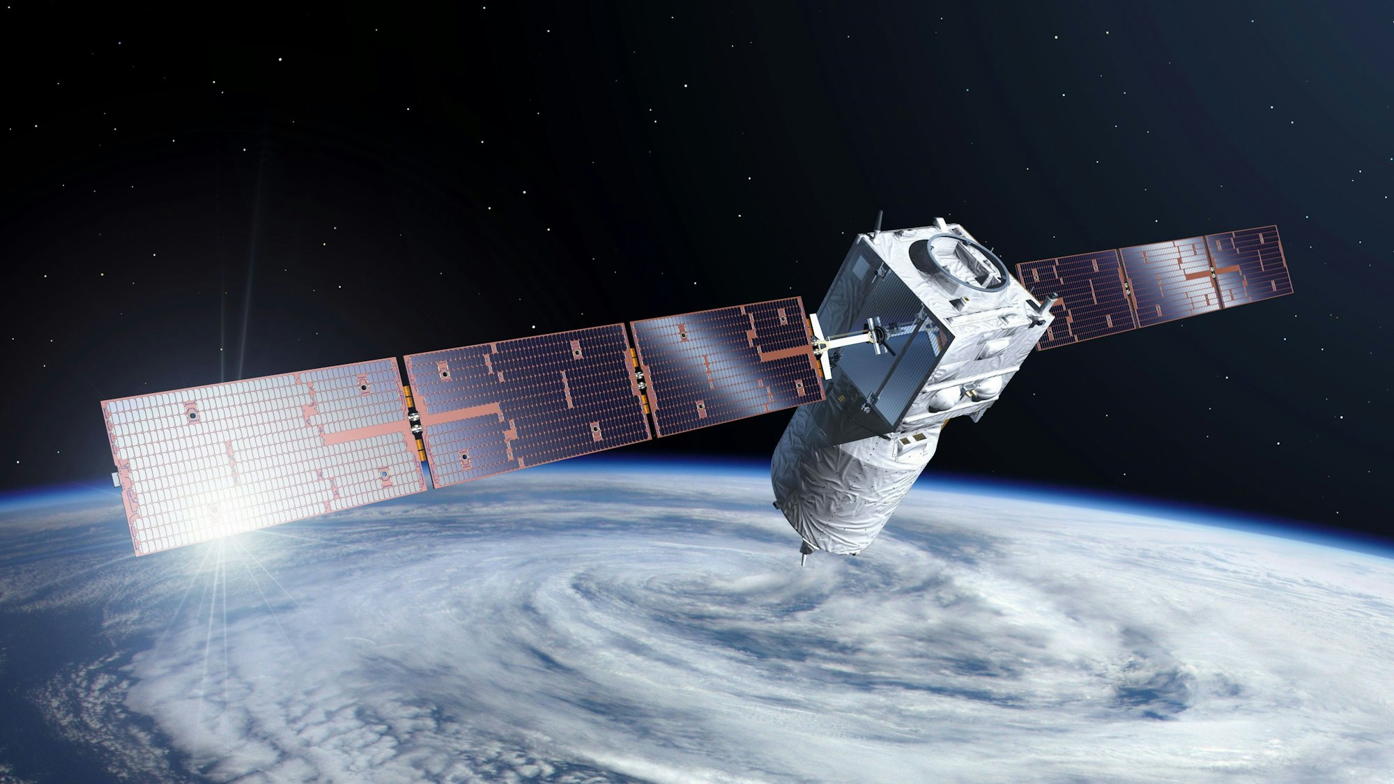 Die künstlerische Darstellung zeigt den Satelliten «Aeolus».