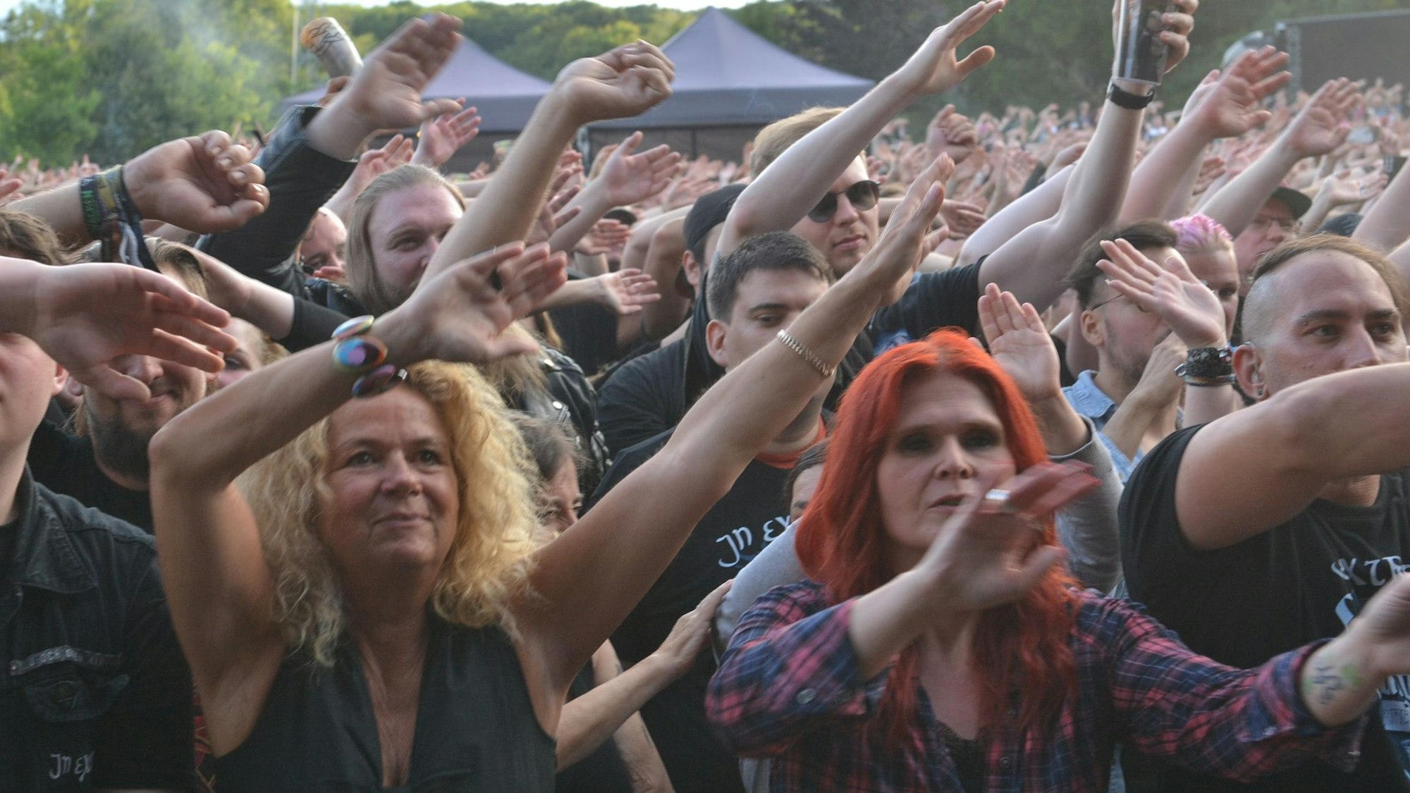 Das Bild zeigt eine Menge winkender Menschen bei einem Konzert.