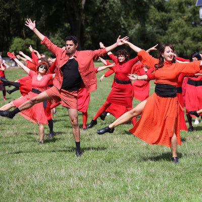 Rot gekleidete Menschen tanzen auf einer Wiese.