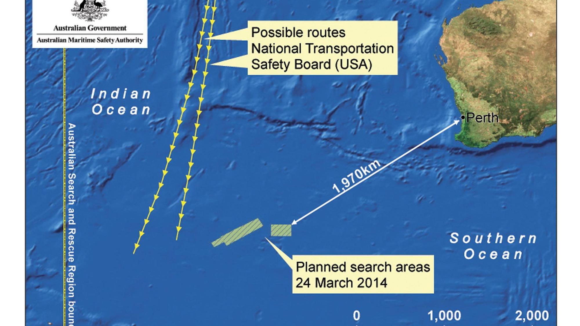 Das ursprüngliche Suchgebiet vor der Westküste Australiens. Mehrere Schiffe und Tiefseeroboter hatten nach Flug MH370 gesucht, bisher ohne Erfolg.