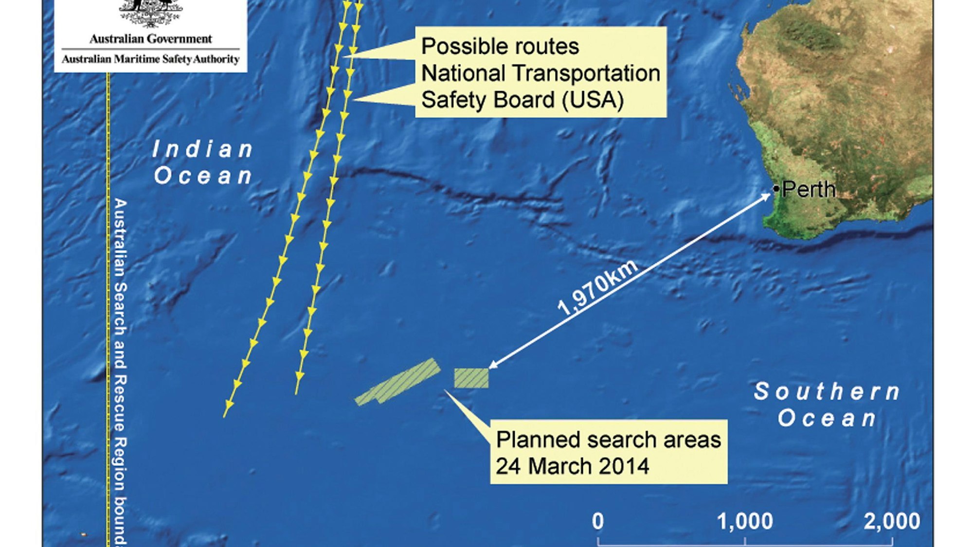 Die vermutete Absturzstelle von Flug MH370 im südlichen Indischen Ozean. Neueste Untersuchungen gehen davon aus, dass die Boeing 777 deutlich weiter nördlich ins Meer stürzte.