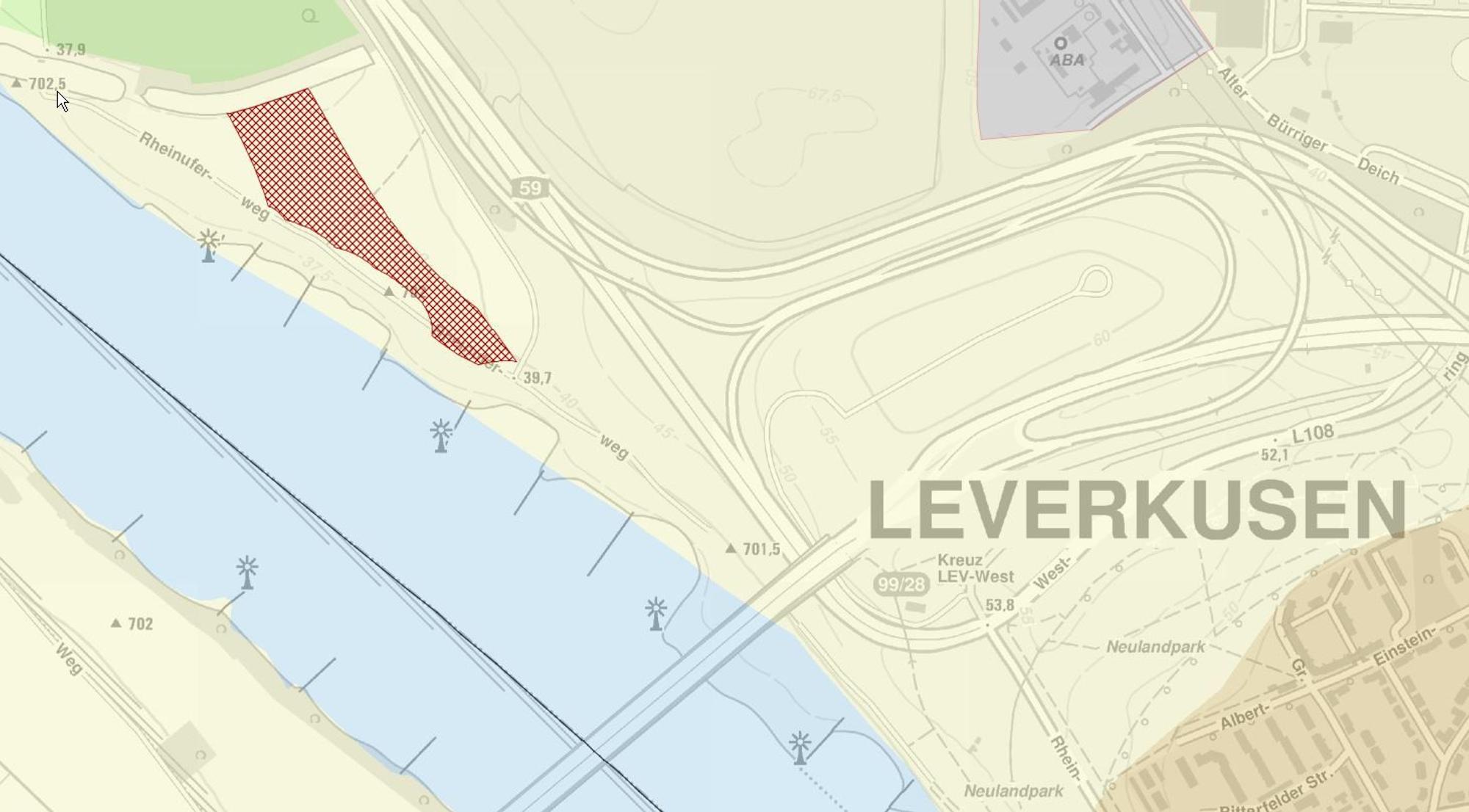 Die markierte Fläche ist laut Lanuv der einzige Ort in Leverkusen, an dem Windräder zurzeit laut einer Computer-Analys möglich sind.
