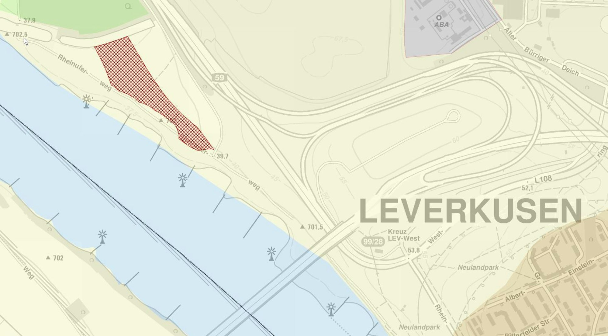 Die markierte Fläche ist laut Lanuv der einzige Ort in Leverkusen, an dem Windräder zurzeit laut einer Computer-Analys möglich sind.