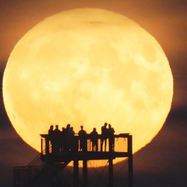 Syke: Schaulustige beobachten vom Aussichtsturm auf dem Hohen Berg den Mondaufgang. Im August ist der Vollmond gleich zweimal zu sehen.