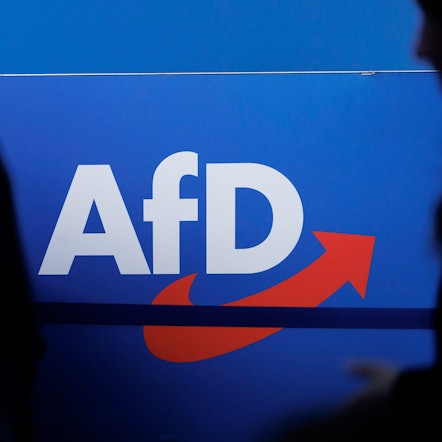Das Parteilogo ist beim AfD-Bundesparteitag in der Magdeburger Messe zu sehen.