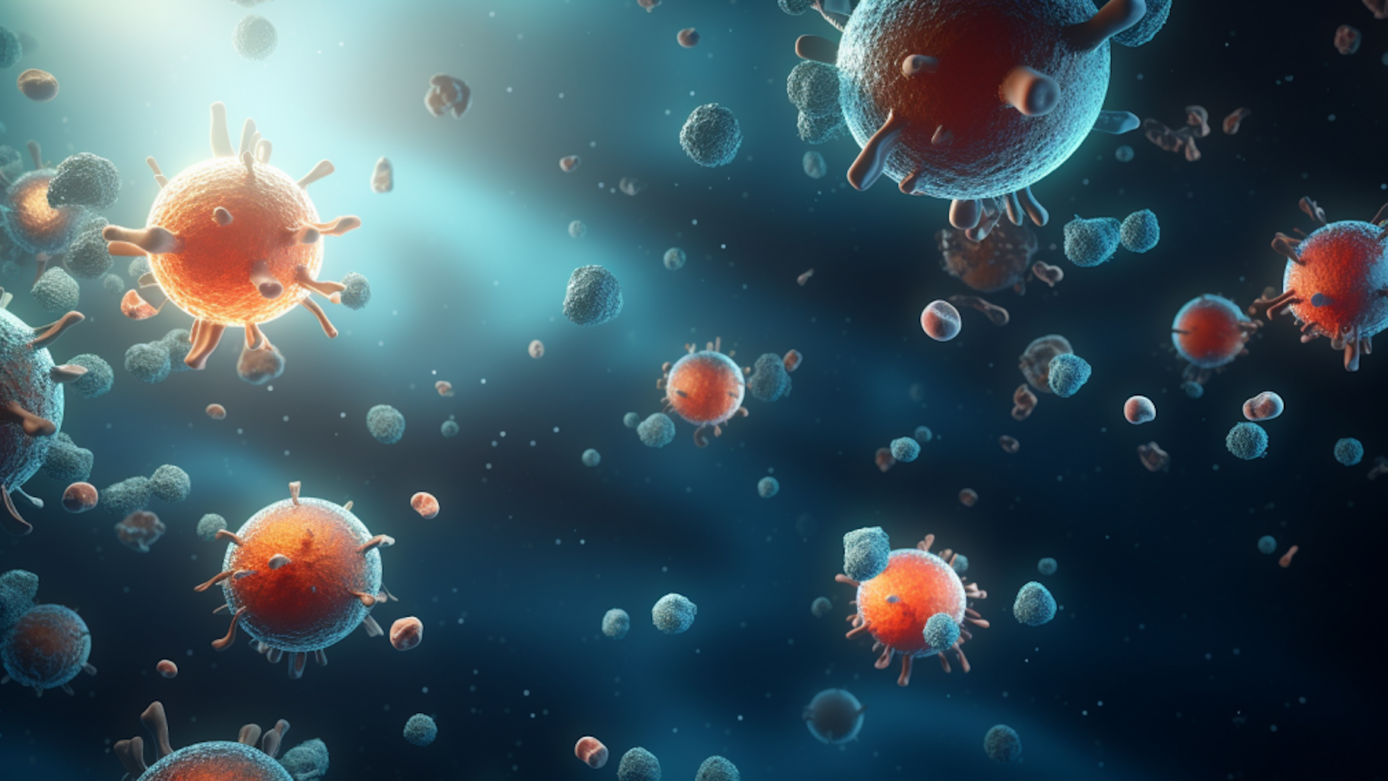 Illustration: Viren und Bakterien fliegen durchs All.