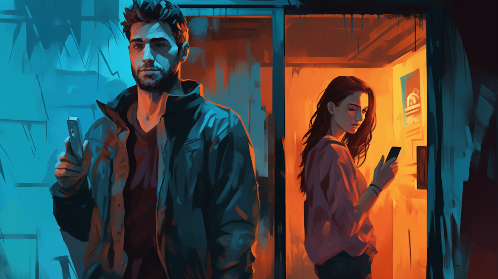 Illustration; Ein Mann und eine Frau schauen einander abgewandt auf ihre Handys.