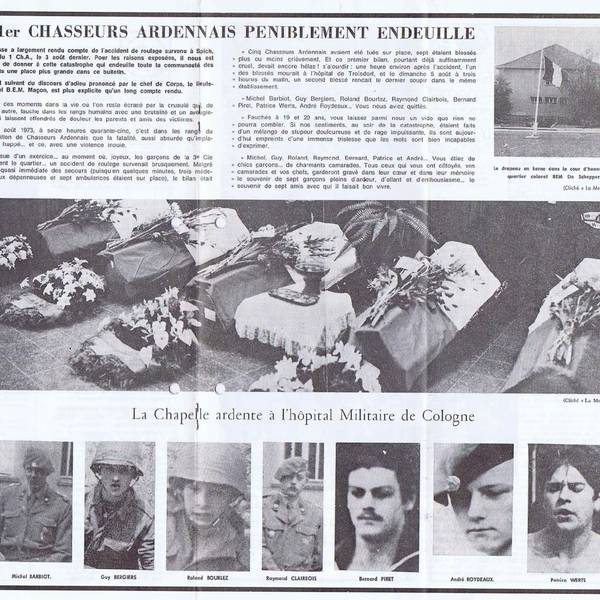 Ausführlich berichtete die belgische Regimentszeitschrift über das Unglück in Spich. Sie zeigte Eindrücke von der Trauerfeier, eine Abbildung des verunglückten Mannschaftswagens und die Fotos aller sieben ums Leben gekommenen Soldaten.