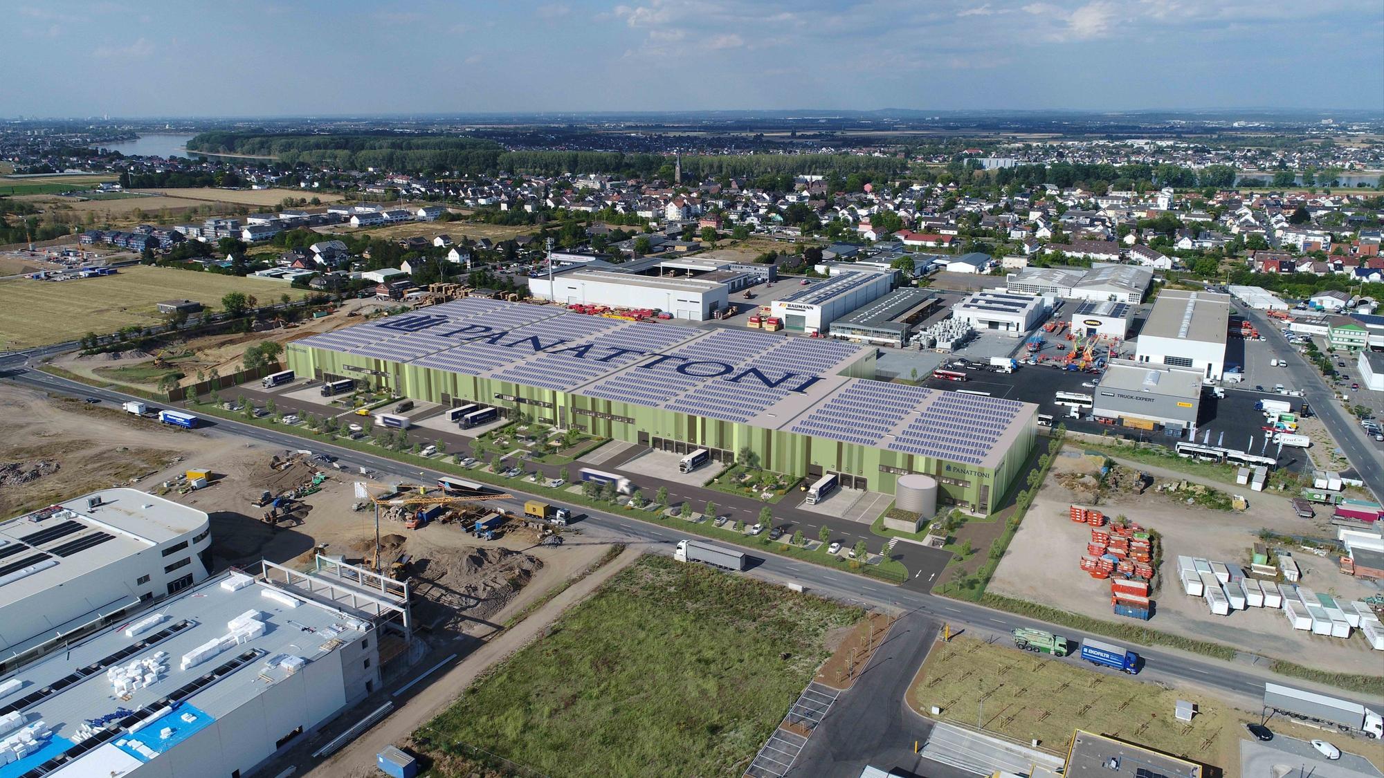 Die Visualisierung zeigt den Panattoni Park Bonn Nord, der ab Ende 2023 in Bornheim entstehen soll.