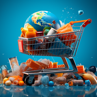 Illustration: Einkaufswagen mit Produkten und einer Weltkugel