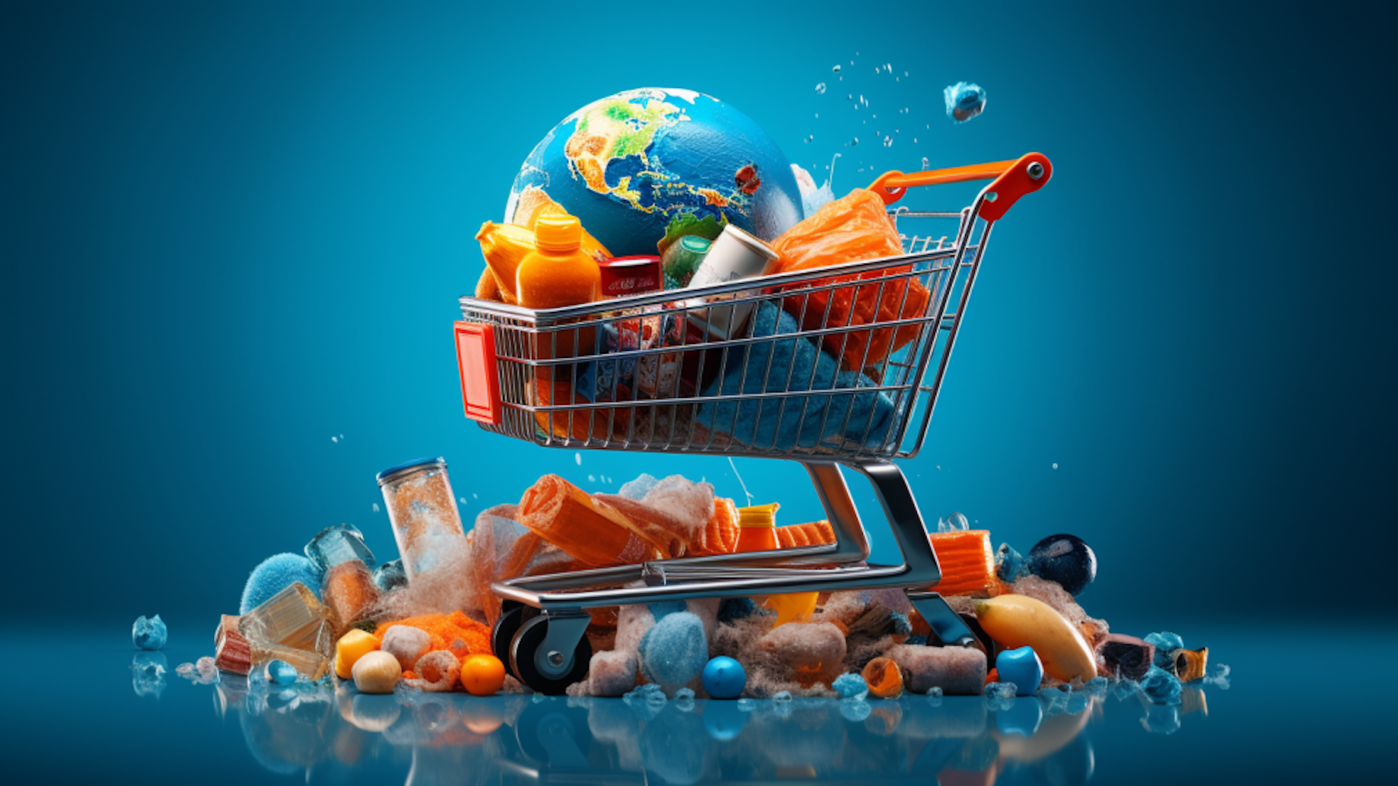 Illustration: Einkaufswagen mit Produkten und einer Weltkugel