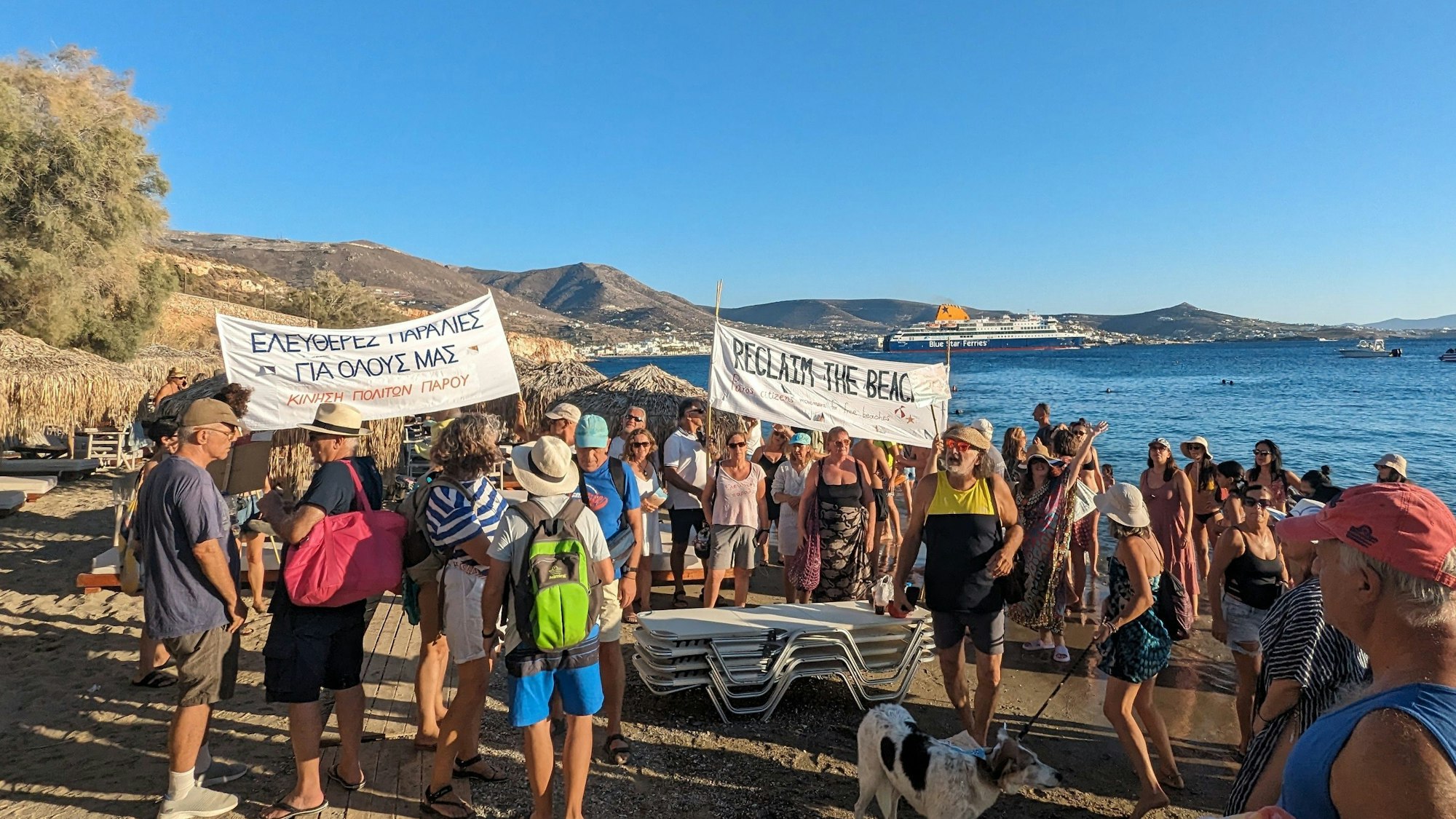 Menschen demonstrieren mit Bannern mit der Aufschrift „Reclaim the beach“ an einem Strand.