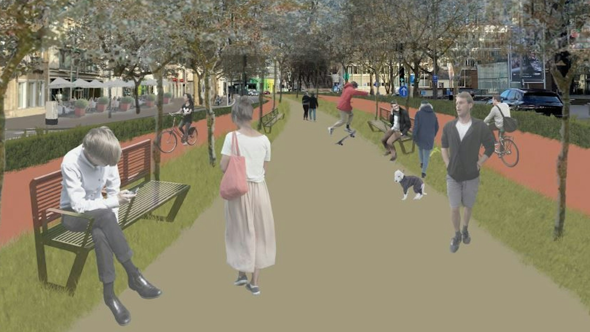 Auf einer Illustration sind anstelle von Straßenbahngleisen in der Mitte der Cäcilienstraße ein von Bäumen gesäumter Fußgängerweg sowie rechts und links Fahrradwege zu sehen.