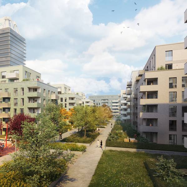 Neben dem Deutschlandfunk-Hochhaus in Marienburg entsteht das Quartier „Die Welle“.