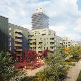 Neben dem Deutschlandfunk-Hochhaus in Marienburg entsteht das Quartier „Die Welle“.